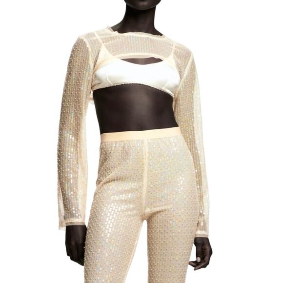 ZARA Sheer Mesh Cream Sequin Beaded Crop Top Shrug Bolero M - Picture 1 of 8